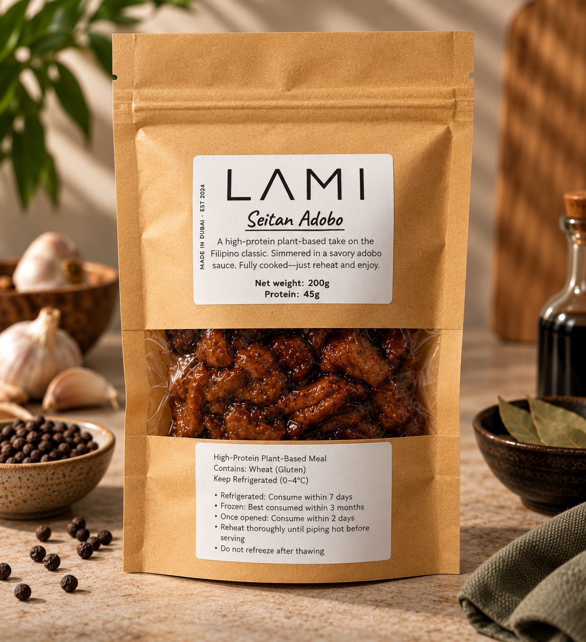 LAMI Seitan Adobo 200g pack — high-protein plant-based meal made in Dubai