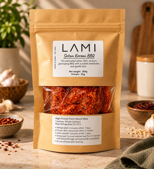 LAMI Seitan Korean BBQ 200g pack — gochujang-marinated plant-based meal made in Dubai